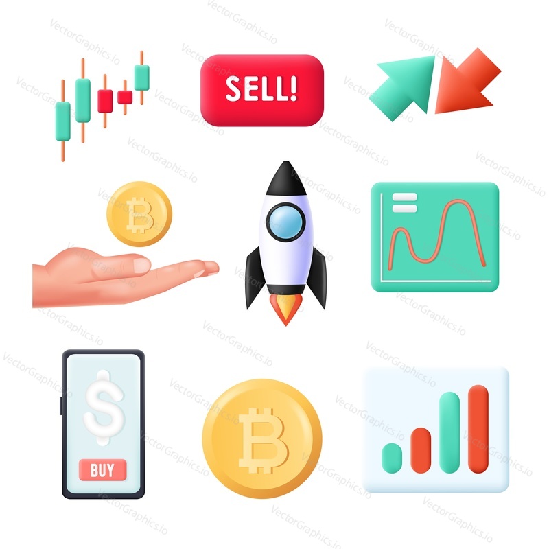 Crypto currency vector icon. Bitcoin exchange illustration set. Digital money and finance, business market trade and fintech concept. Mobile app service, virtual stock marketplace