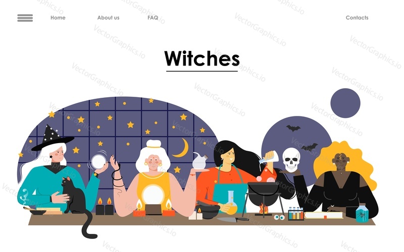 Witches and fortuneteller vector landing page illustration. Woman with tarot card, girl oracle cooking poison, magician guessing with magic ball. Witchcraft festival, alchemy party