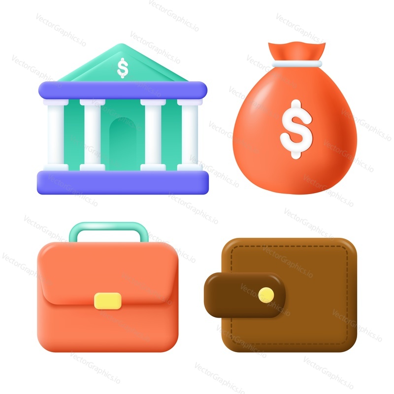 Business icon. Vector 3d bag, briefcase, money wallet and bank building isolated illustration. Financial portfolio suitcase, dollar investment or credit symbol. Banking institution services concept