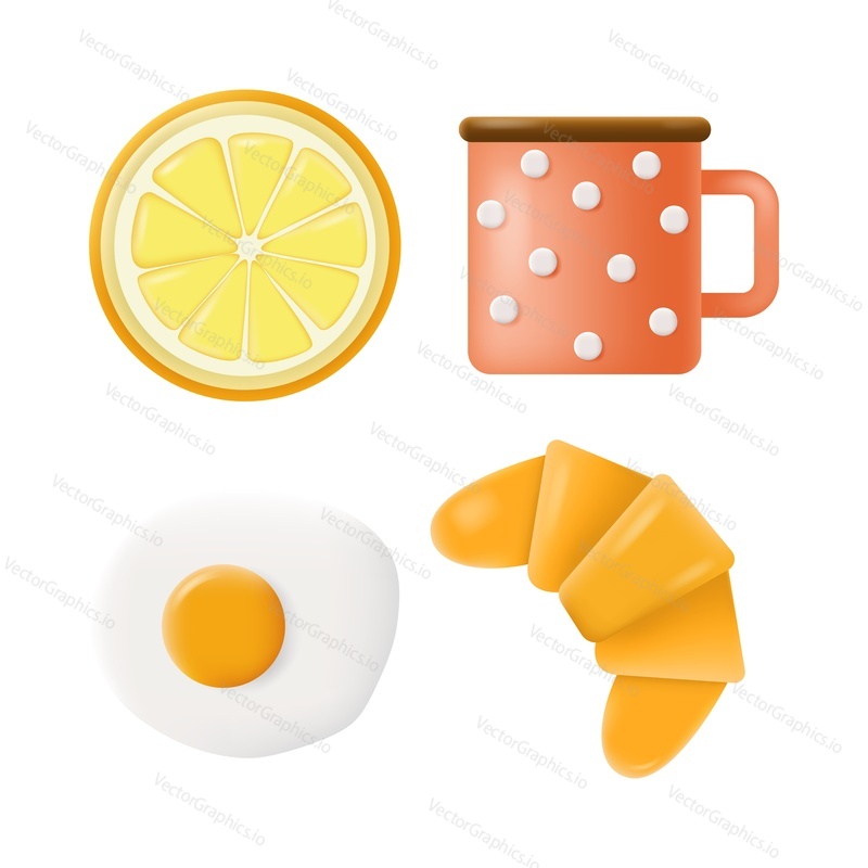 Breakfast set. Vector food illustration. Morning meal design. Fried egg, croissant, orange or grapefruit to eat and mug with tea or coffee to drink. Menu for healthy lunch or brunch concept