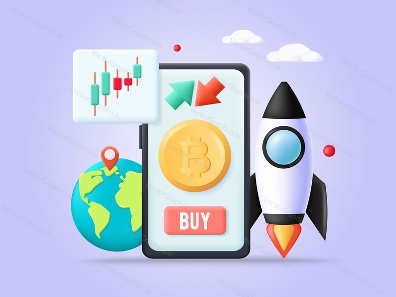 Bitcoin crypto currency trading rocket 3d vector illustration. Online graphic financial growth and economy, trade and sell launch concept. Spaceship, smartphone and candlestick design banner