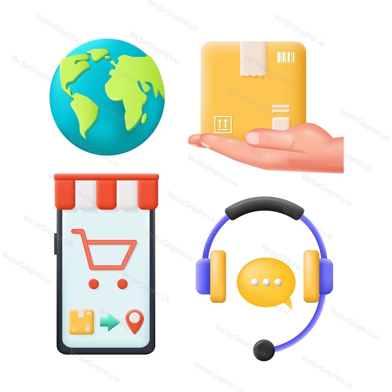 Global delivery and logistic 3d icon vector set. World business and marketing illustration. Worldwide parcel box shipment, mobile application and technical support service symbol