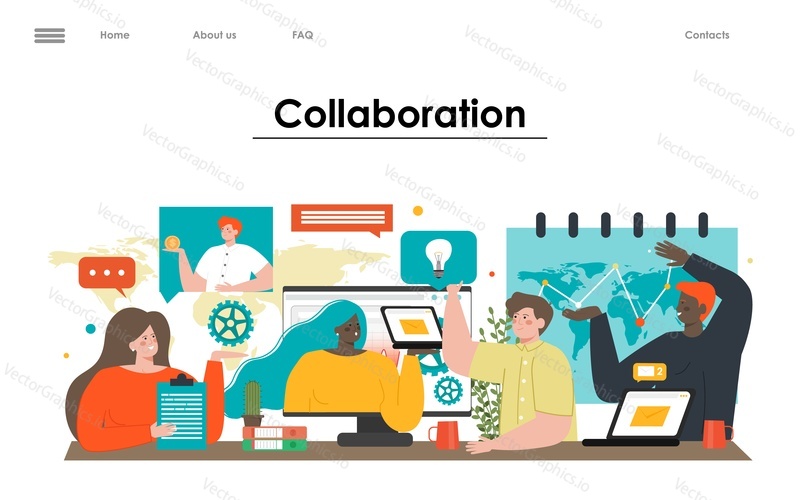 Vector business landing page. Teamwork and partnership concept. Group of people work together, corporate partner cooperation, creative project idea generation and support illustration