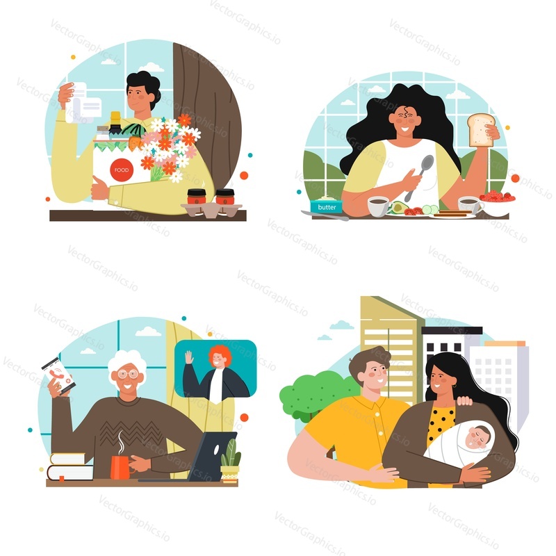 Love set. Romantic people illustration. Flat vector character. Young man and woman loving healthy organic food scene. Old boyfriend and girlfriend online web chat. Couple celebrating child birth
