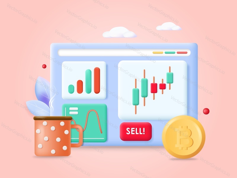 Stock market exchange trade market website vector illustration. Bitcoin crypto currency selling online graphic, financial growth and success candlestick charts analysis concept