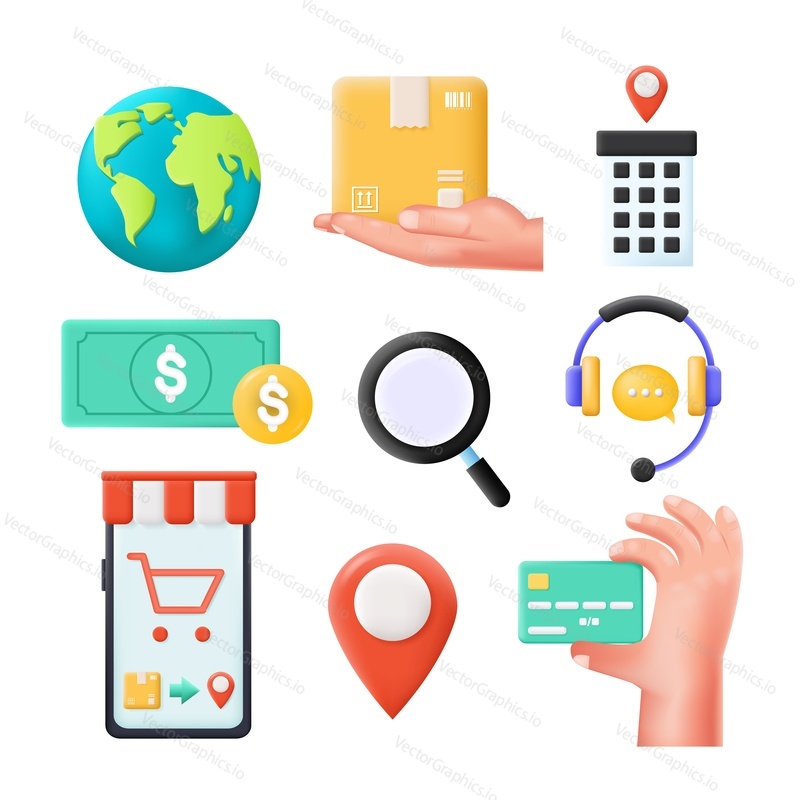 Delivery icon 3d vector. Business courier service for online store order location delivering illustration set. Fast market sale and payment, express purchase via smartphone