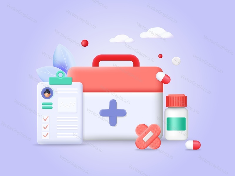 Ambulance medical first aid kit vector illustration. Doctor box case with medication for emergency rescue help and patient disease history card. Medicine and health care concept