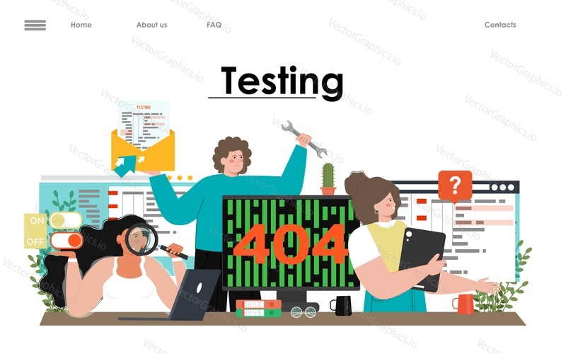 Website and software test flat vector illustration. Web application tester, computer programmer searching digital bug banner. Marketing and technology. Error and usability testing. Seo online service