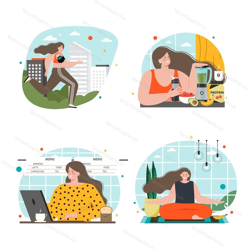 Woman daily life flat vector. Female character everyday routine illustration. Girl schedule with exercise workout activity, healthy eating and meditation for wellbeing and health scenes
