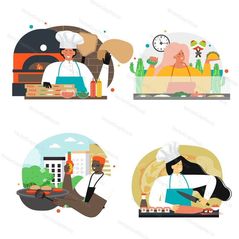 Vector fast food cafe or restaurant interior illustration. People worker character cooking meal scene. Fastfood menu with burger, pizza, sushi, tortilla and barbecue. American, mexican, asian cuisine