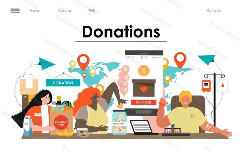 Food, money, blood donation vector landing page design template. Online service and community for charity activities and humanitarian aid assistance illustration