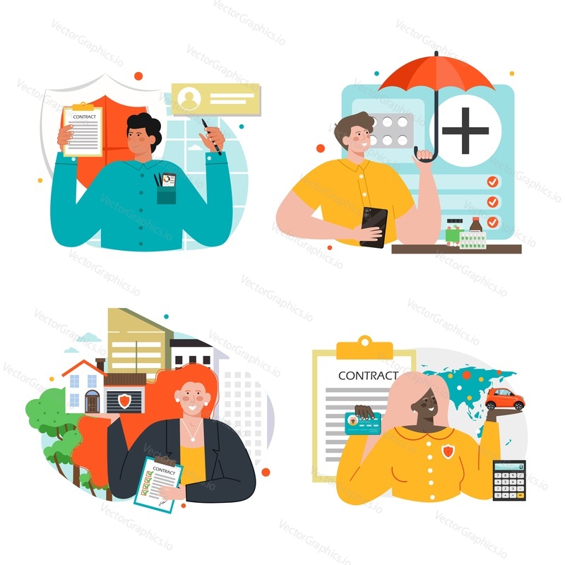 Life and health, credit money and finance, home and car insurance vector scene set. Isolated illustration with people characters advertising financial risk free warranty contract to insure property