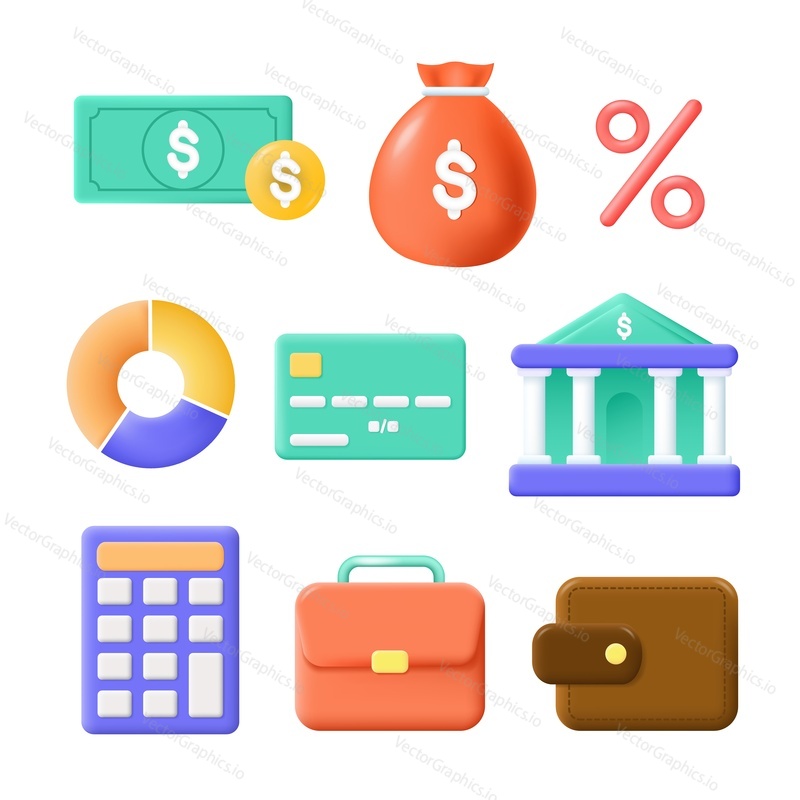 Bank, money and finance business icon set. Vector coin, credit card, wallet, currency for payment sign. Financial exchange, cash, building, briefcase and calculator isolated illustration