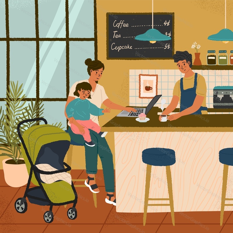 Busy mother with child works in cafe. Woman holding her baby and working on computer. Working mom concept vector poster. Maternity and career.
