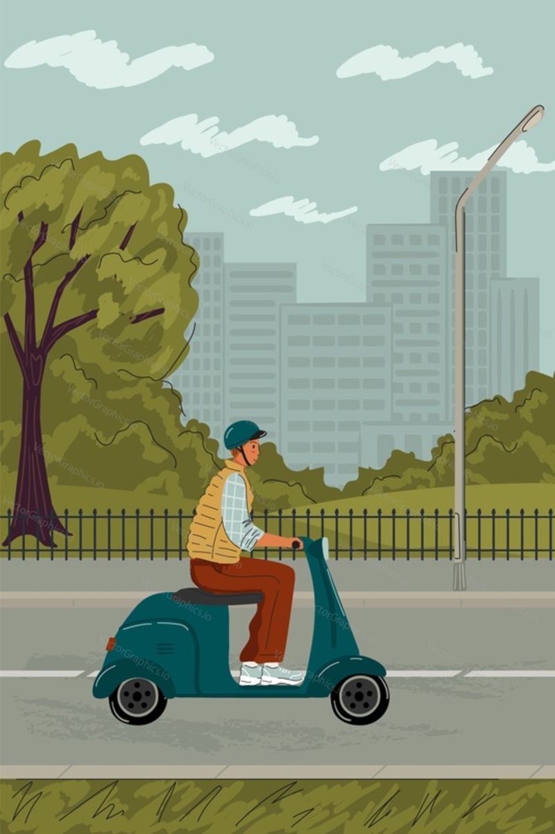 Man in helmet driving scooter on a city street. Urban transport concept vector poster. City delivery on moped.