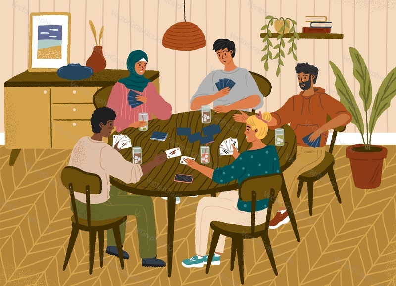 Group of friends playing cards. Table games concept vector posters set. People playing board game at home. Leisure home activities.