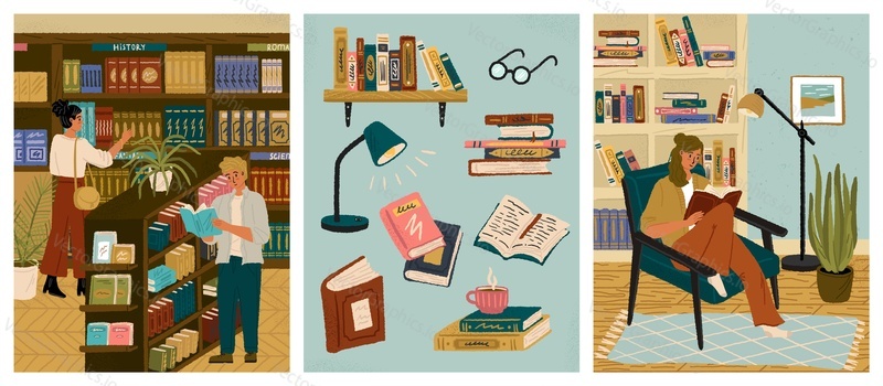 People in book store or library concept vector set. Woman sitting in chair and red book. Hand drawn illustration. Pile of books, library or bookstore interior.