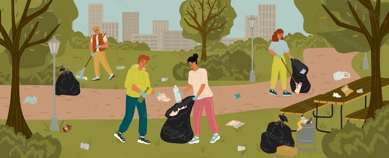 Volunteers collecting garbage into bags in city park. People clean environment concept vector illustration.