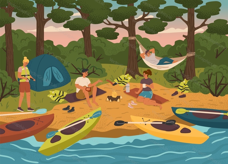 People camping on a river and sitting around fire. Camp site with bonfire, tent and canoe. Water adventure sport vector illustration. Man and woman taking rest after rafting, kayaking, canoeing.