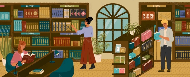 People looking for books in library. Students study and reading books in public library. Concept vector illustration. Men and women surrounded by shelves and racks with books.