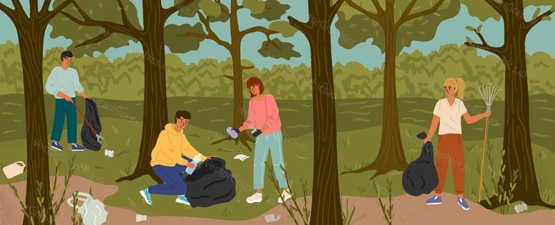 Volunteers collecting garbage into bags in city park or forest. People clean environment concept vector illustration. Save planet ecology poster.
