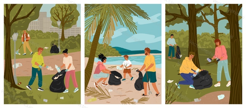 Volunteers collecting garbage into bags on beach and park. People clean environment concept vector illustration. Planet pollution, save nature posters set.