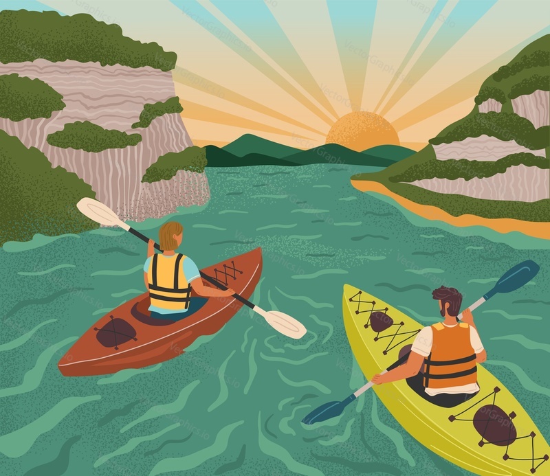 Couple on kayak rowing down to river on sunset. Water adventure sport vector posters set. Man and woman rafting, kayaking, canoeing, holding paddles. Nature landcape.