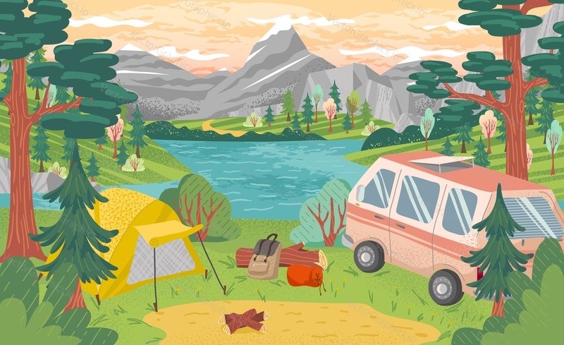 Camping site with tent, bonfire and camper van with mountain and lake landscape on background. Summer camp vacation vector illustration. Adventure, nature, campfire.