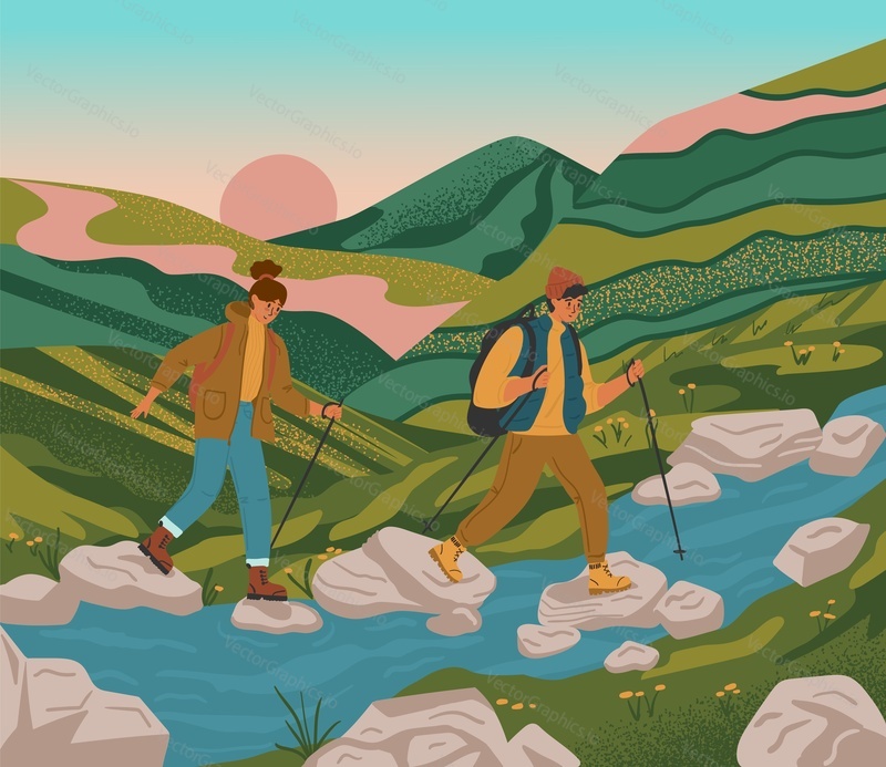Couple trekking in mountains and crossing river. Travel adventure and hiking concept vector poster. Man and woman with backpack in outdoor nature landcape.