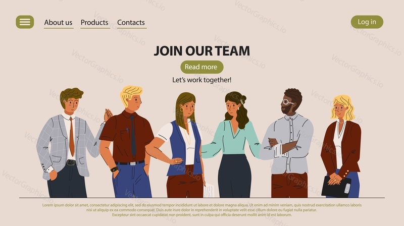 Group of diverse business people and company office staff. Join our team vector landing page and website template. Multinational business community, teamwork, man and woman employee