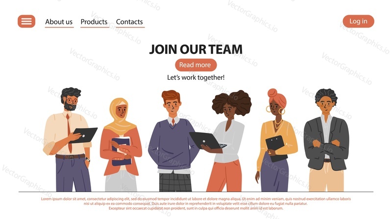 Multinational business community. Join our team vector landing page and website template. Group of diverse business people and company office staff.  Teamwork, man and woman employee.