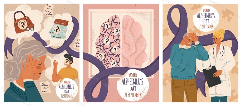 World Alzheimer day vector posters set. Old woman suffering from memory loss. Senior people with dementia or Alzheimer disease. Doctor helps old man with brain problems.