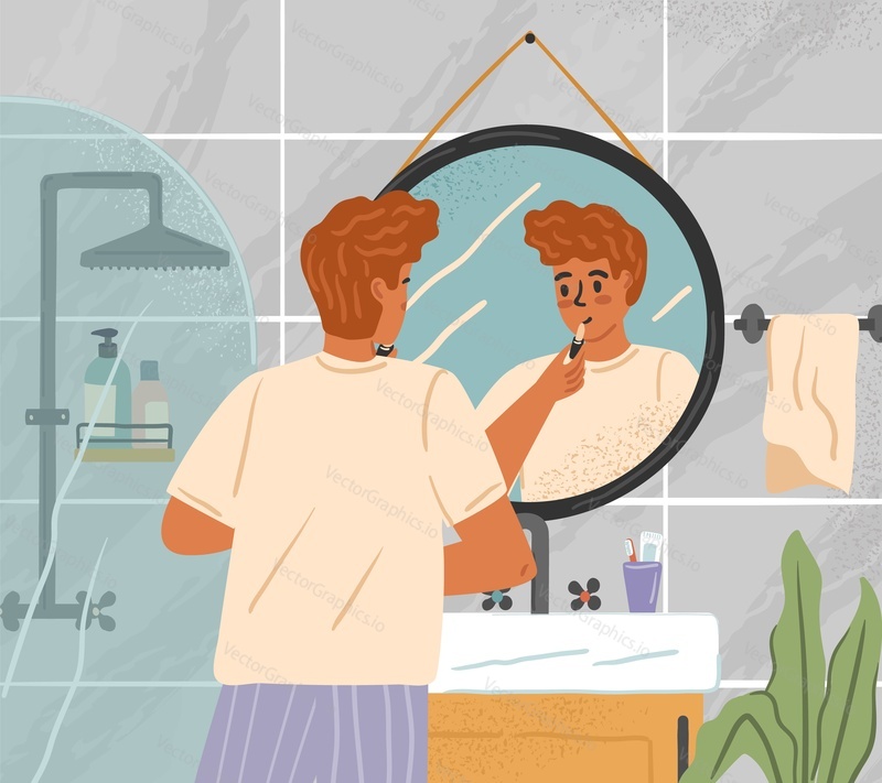 Male skin care and cosmetics concept vector poster. Man applying colorless lipstick while standing in front of mirror in bathroom. Male cosmetics, skincare and beauty treatment.