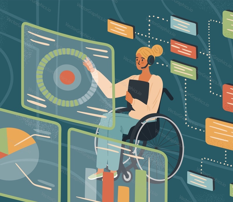 Woman in wheelchair works with virtual reality screens. Female engineer and data analytic. Diversity and Break the science bias concept vector illustration. Women in tech. Innovative technologies.