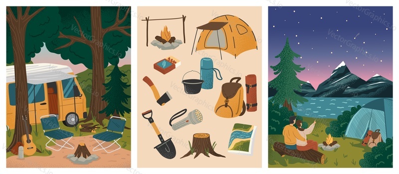 Couple sitting next to camp tent and watching starry night.  Summer camp vacation vector posters set. Mountain and forest landscape with tents. Camping equipment. Adventure, nature, campfire.