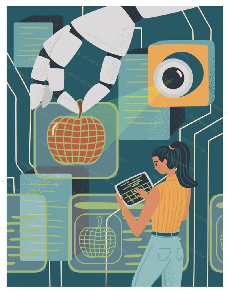 Woman controls robotic arm with digital tablet. Diversity and Break the science bias concept vector illustration. Women in tech. Innovative technologies in science. Female developer.