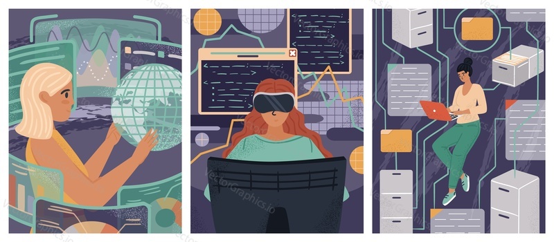 Woman in VR goggles coding AI application. Female engineers and developers. Diversity and Break the science bias concept vector illustration. Women in tech. Innovative technologies and data analytics.
