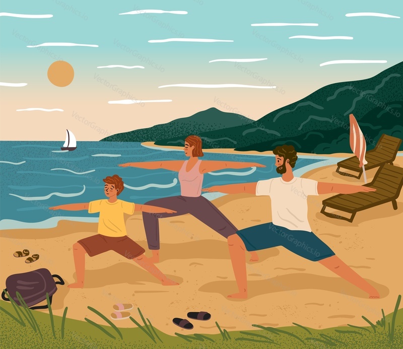 Outdoor yoga concept vector illustration. Happy family training together on a beach. Healthy lifestyle, active recreation. Morning meditation with beutiful sea landscape.