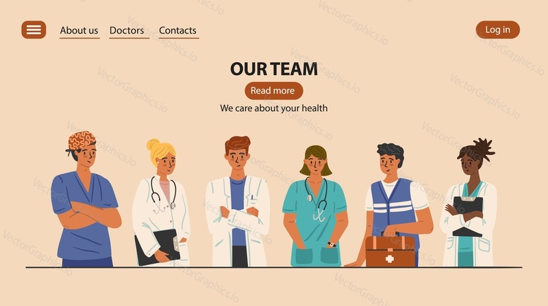 Team of medical professionals and doctors. Our team page tamplate for hospital  and clinic, vector banner. Group of health care workers, nurses and medical staff in uniform.
