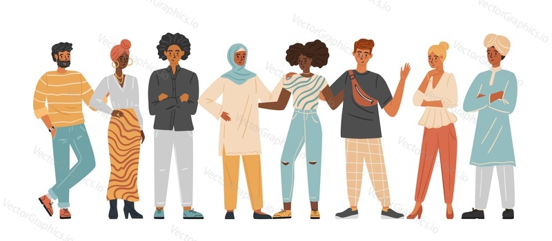 Diverse group of people concept vector illustration. Business multinational and multiracial team. Man and woman of various race in casual outfits. Community of different people.