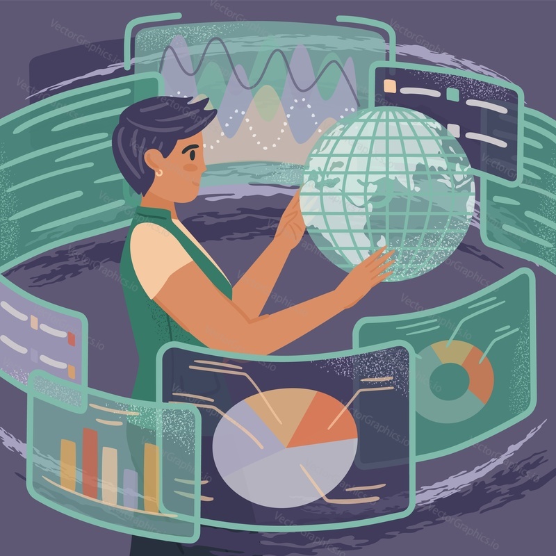 Lesbian woman works with virtual reality screens. Female engineer and data analytic. Diversity and Break the science bias concept vector illustration. Women in tech. Business innovative technologies.