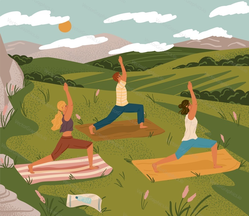 Outdoor yoga class in nature mountain landscape. Yoga exercise concept vector illustration. Man and woman training together, cartoon characters. Healthy lifestyle, sport activity.