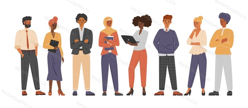 Diverse group of business people concept vector illustration. Business multinational and multiracial team. Male and female office staff of various race in casual outfit. Community of different people.