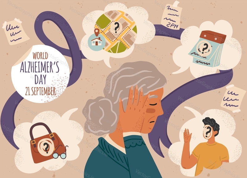 Old woman suffering from memory loss. World Alzheimer day vector poster. Senior people with dementia or Alzheimer disease.