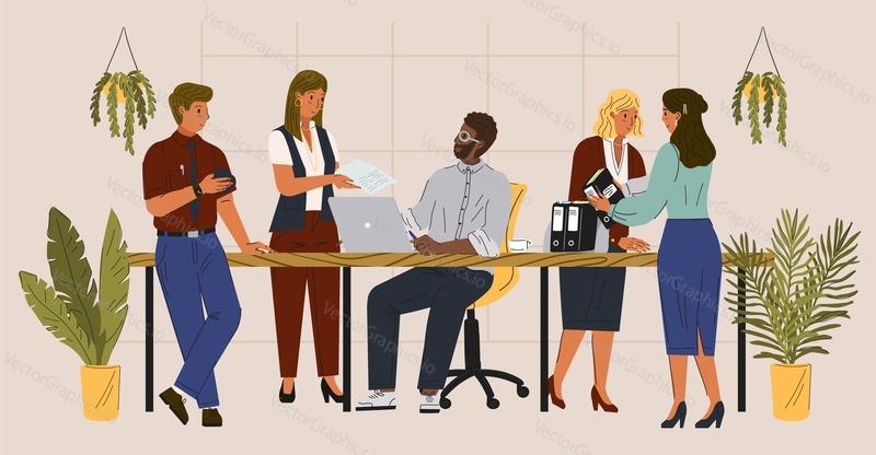 Team of business people sitting at desk with laptop and working in office together. Business meeting and teamwork concept vector illustration. Team work, office people,  employee character.
