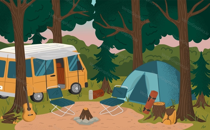 Camping site with tent, bonfire and camper van. Summer camp vacation vector illustration. Forest landscape with camping equipment. Adventure, nature, campfire.