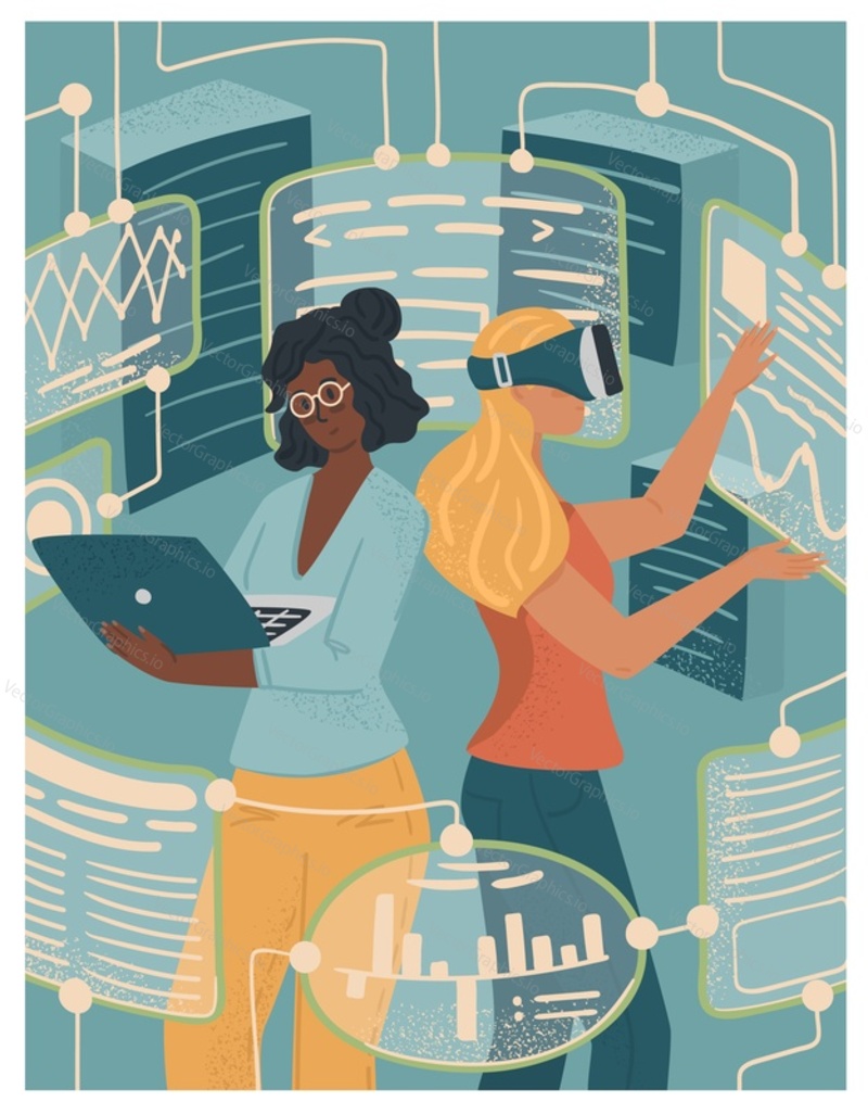 Woman in VR glasses working with virtual reality screens. Black and white female engineers. Diversity and Break the science bias concept vector illustration. Women in tech. Innovative technologies.