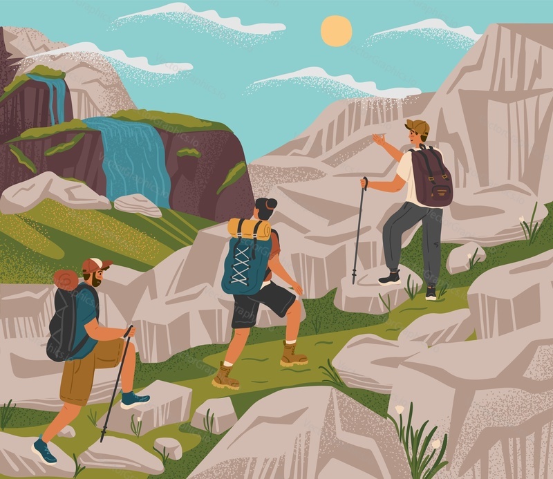 Couple with guide trekking in mountains. Travel adventure and hiking concept vector poster. People climb mountain. Man and woman with backpack in outdoor nature landcape.