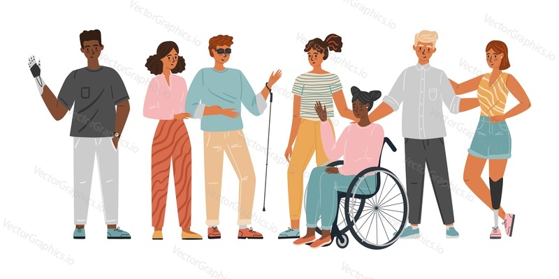 Volunteers helping people with disabilities. Diversity cocenpt vector illustration. Group of people with special needs, wheelchair, prosthesis.