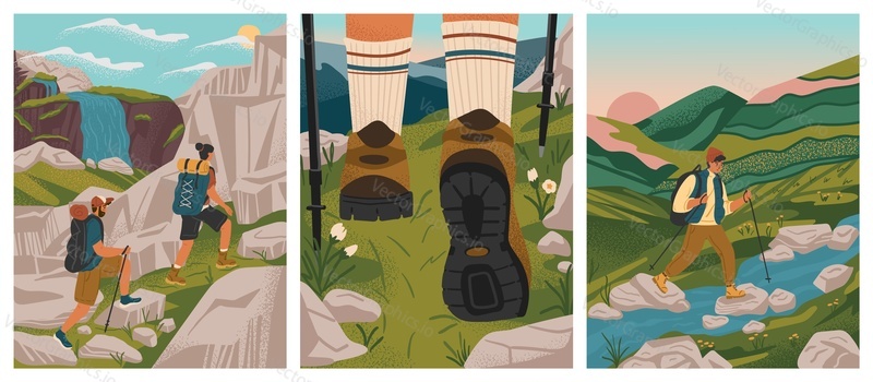 Couple trekking in mountains. Travel adventure and hiking concept vector posters set. People climb mountain. Man and woman with backpack in outdoor nature landcape. Trekking boot closeup view.